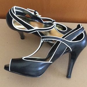 Black and white platform peep toe sandals
